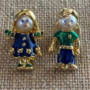 Vintage Unsigned Carolee Boy And Girl Faux Pearl Brooch Pin Goldtone
